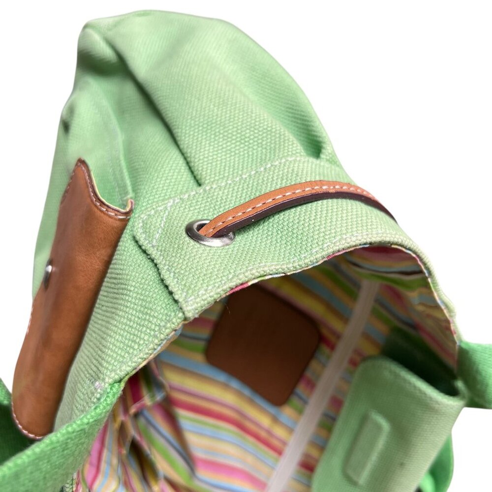 Fossil Mint Green Canvas Tote Bag Brown Leather Accents Key Striped Lining 75082 - Picture 5 of 15